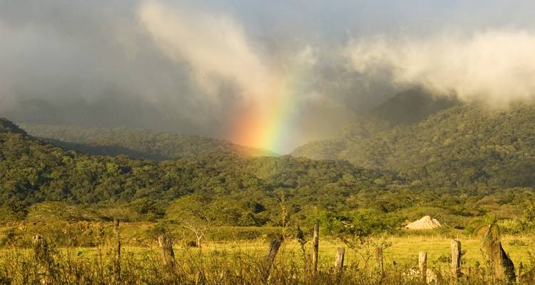 Un arc-en-ciel vibrant au-dessus de montagnes vertes avec un ciel nuageux.