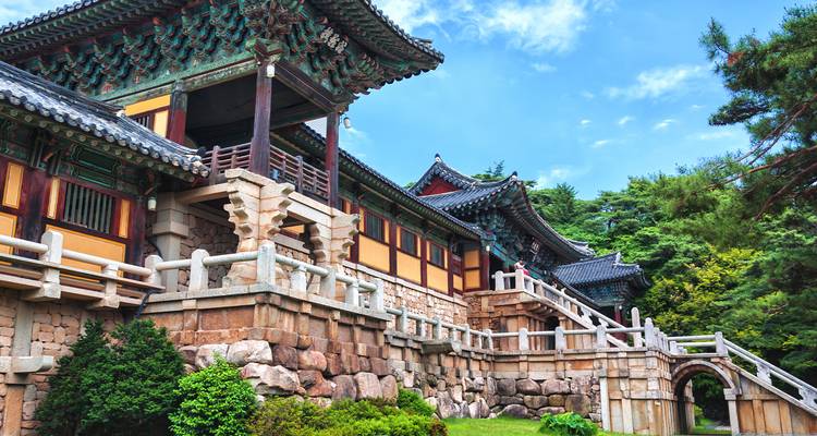 Traditionele Koreaanse tempel in een weelderige groene omgeving.