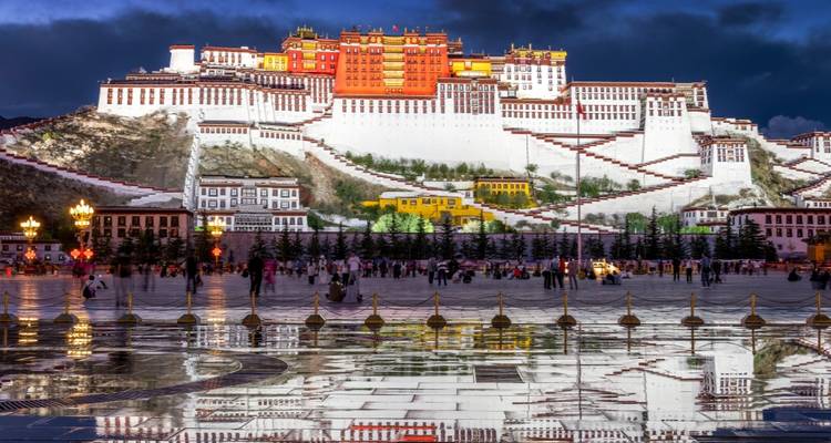 Potala Palace illuminated at night with reflections on wet pavement.