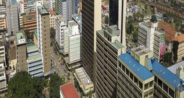 Aerial view of a city with many buildings.