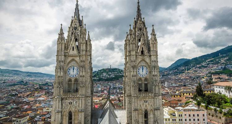 The twin spires of a large cathedral with cityscape in the background.
