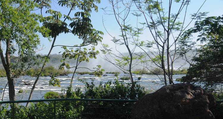 River with trees and distant waterfalls.