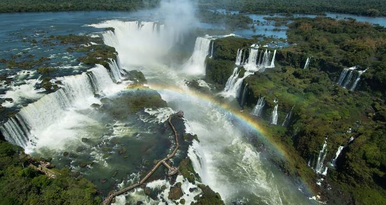 Panoramic view of waterfalls with a rainbow.
