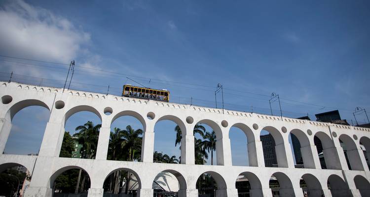 The Lapa Arches with a tram in Rio de Janeiro.