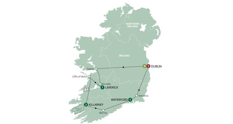 Carte de l'Irlande avec itinéraire de voyage mis en évidence.