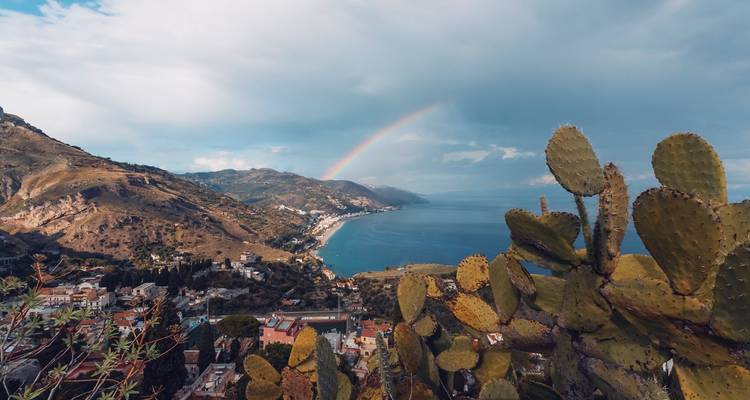 Kustgezicht met cactussen op de voorgrond en regenboog boven de heuvels.