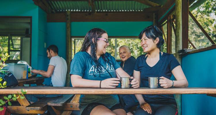 People enjoying drinks and conversation at a picnic table.