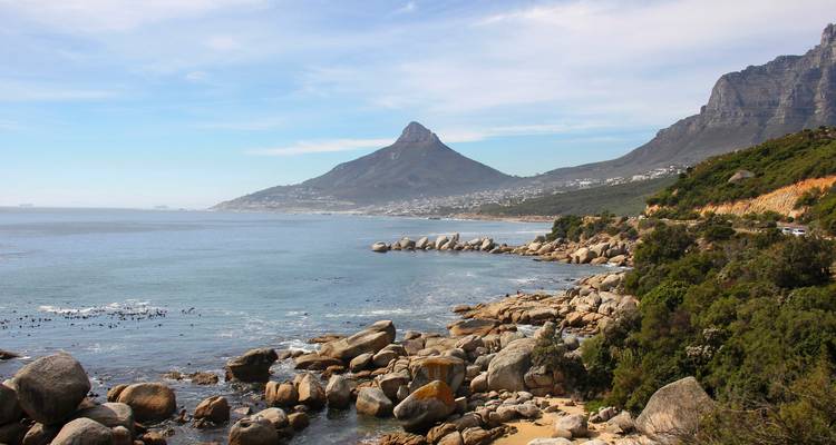 A scenic coastal view with a prominent mountain in the background and rocky shoreline.