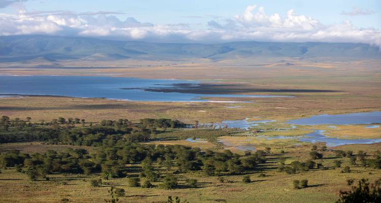 A vast landscape with a water body, grasslands, and distant hills.