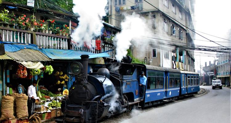 Tren de vapor pasando por un pueblo con mercados