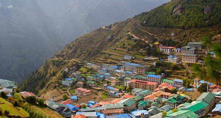 Colorful village nestled in the mountains.