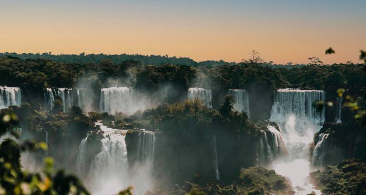 Mist rising from Iguazu Falls with silhouetted foliage.