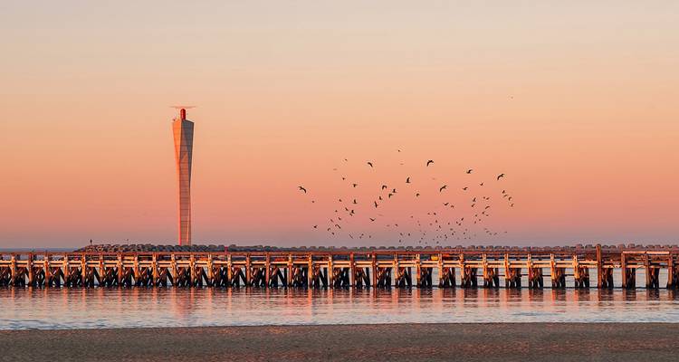Pier with a modern tower and birds flying at sunset.
