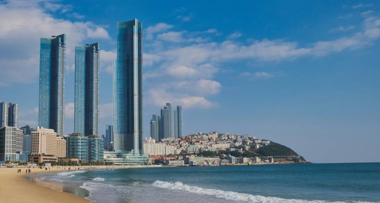 Gratte-ciel surplombant une plage de sable avec vue sur la mer.