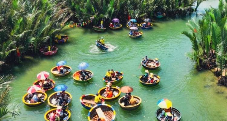 Des bateaux circulaires colorés sur une rivière entourée de palmiers.