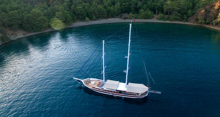 Sailing boat in a secluded bay surrounded by lush greenery.