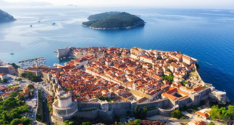 Aerial view of Dubrovnik old town and the Adriatic coast.