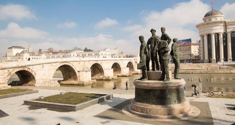 Stone sculpture and bridge in Skopje city center.