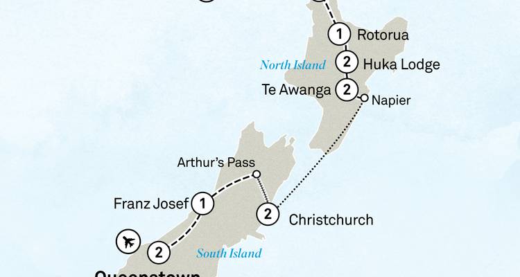 Carte illustrée des destinations de voyage en Nouvelle-Zélande.