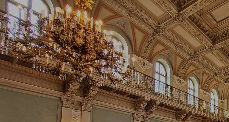 Elegant interior with a grand chandelier.
