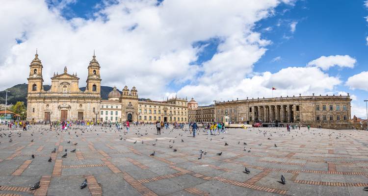 Une grande place avec des bâtiments historiques et de nombreux pigeons.