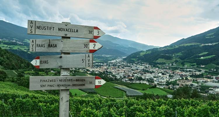 Signs with directions against a backdrop of a European town and mountains.