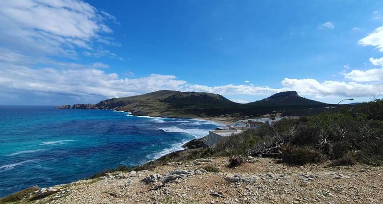 Vue côtière avec terrain accidenté et vagues océaniques.
