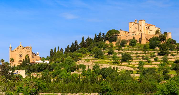 Une colline avec des bâtiments historiques et une végétation luxuriante.