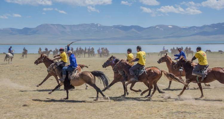 Group of people on horseback participating in a race through open plains and mountains in the background.
