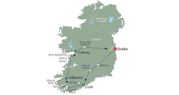 Carte montrant l'itinéraire de voyage à travers l'Irlande.