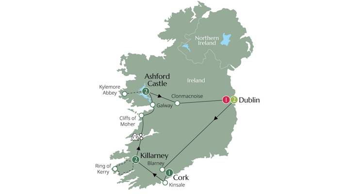Map showing travel route across Ireland.