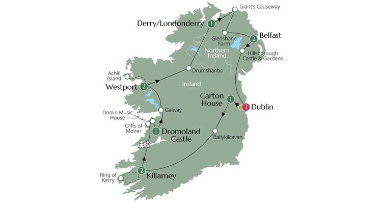 Carte montrant l'itinéraire de voyage à travers l'Irlande.