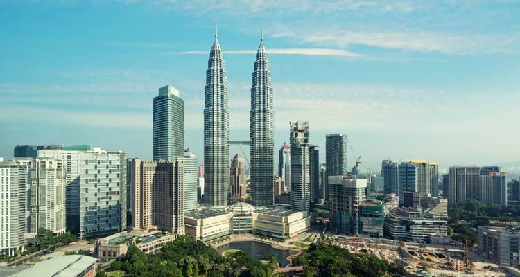 Aerial view of the Petronas Towers in Kuala Lumpur, Malaysia.