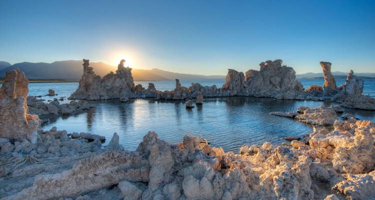 Sunset over Mono Lake's tufa formations.