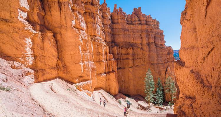 Hikers walk along a trail surrounded by towering orange rock formations.