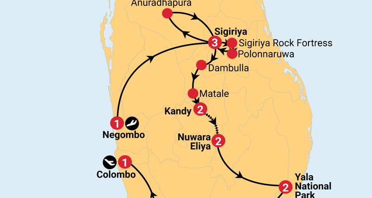Carte illustrée du Sri Lanka mettant en évidence un itinéraire de voyage terrestre avec des villes et des icônes.