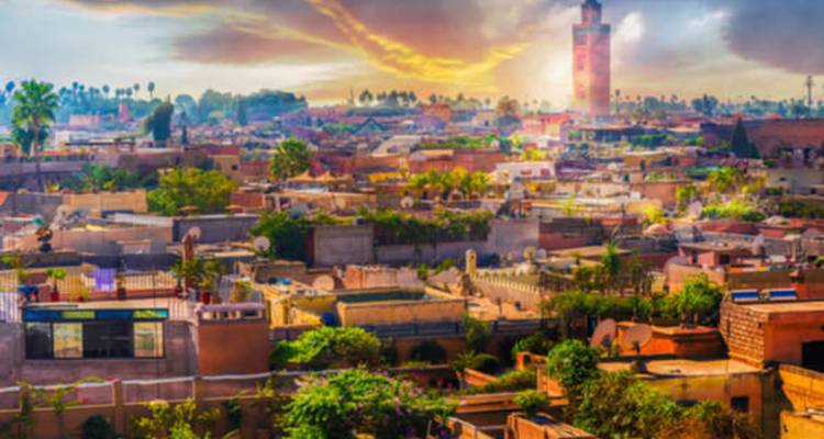 Kleurrijk panoramisch uitzicht over de daken en met palmbomen omzoomde skyline van Marrakesh met de Koutoubia-moskee die oprijst naar een dramatische zonsopganghemel.