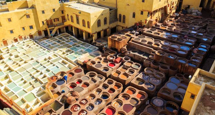 Hoog uitkijkpunt van de looierij van Fes met rijen kleurrijke verfkuipen en arbeiders die leer verzorgen.