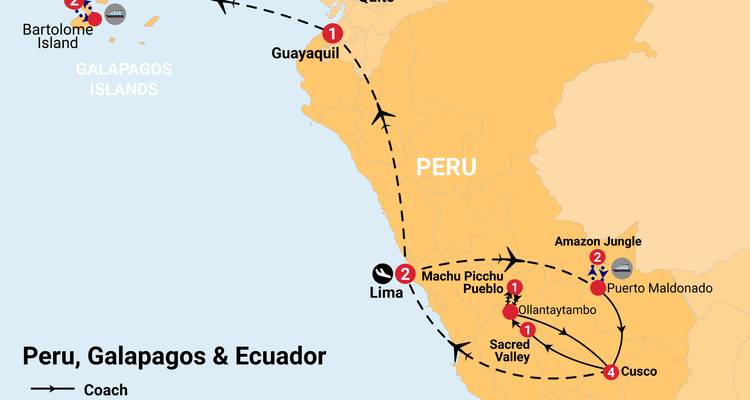 Routekaart die een rondreis door Peru, Galápagos en Ecuador illustreert met vliegtuig- en buspictogrammen