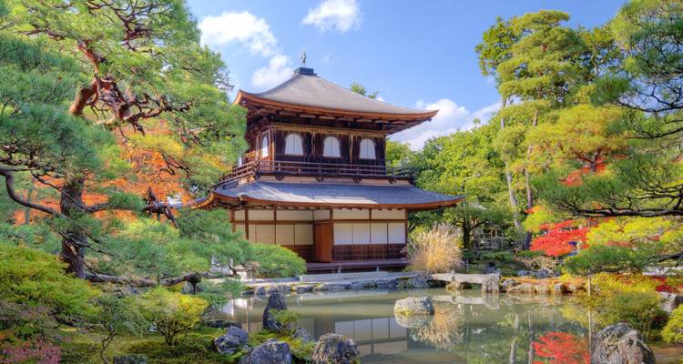 Un bâtiment japonais traditionnel entouré d'un jardin serein.