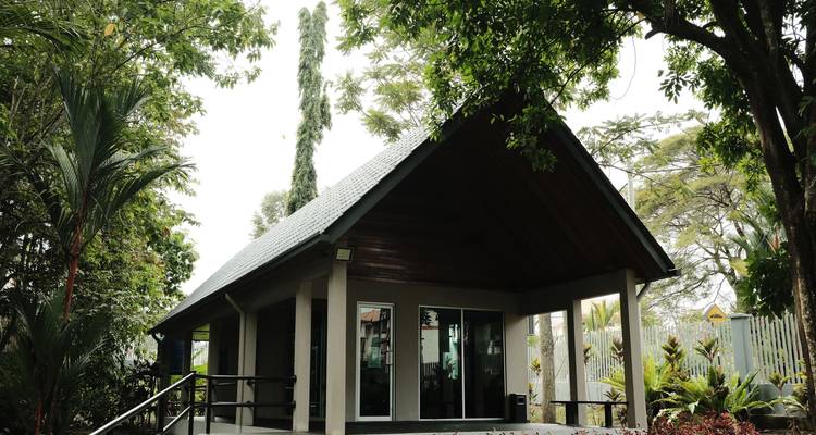 Eenvoudig lodge-gebouw te midden van weelderig tropisch groen onder een heldere hemel.