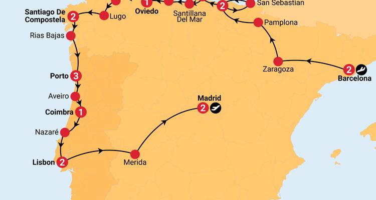 Tourenroutenkarte von Nordspanien und Portugal mit Kennzeichnung der wichtigsten Städte und Reiseabschnitte