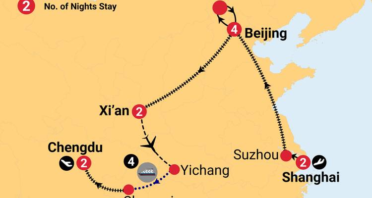 China rondreis routekaart met Beijing, Xi'an, Chengdu, Yichang en Shanghai