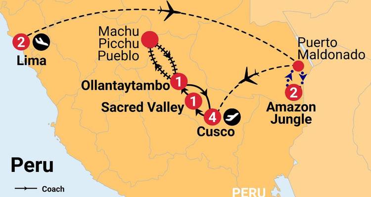 Peru reisroute kaart met Lima, Cusco, Heilige Vallei en Amazone Jungle route