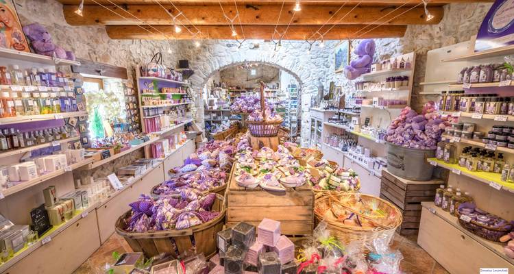 Intérieur de boutique rempli de produits à la lavande.