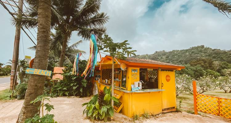 Een kleurrijke sapkraam langs de weg met een strandbord.