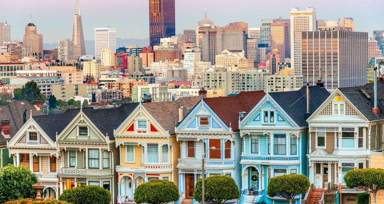 Een rij Painted Ladies Victoriaanse huizen met een stadsgezicht op de achtergrond.