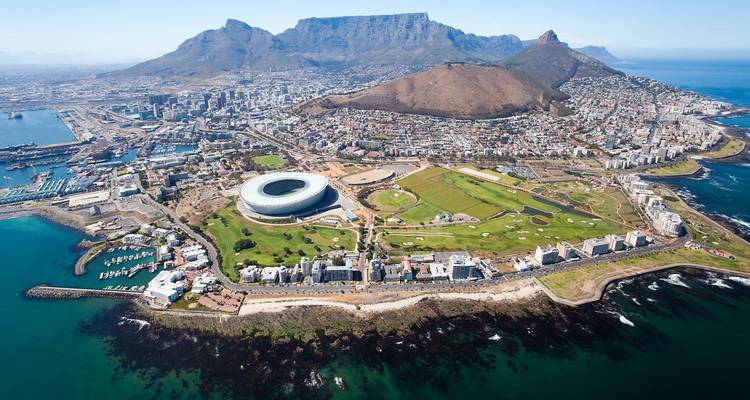 Aerial view of Cape Town with Table Mountain in the background.