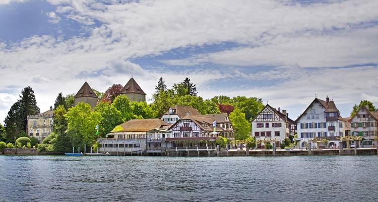 Village lacustre charmant avec des bâtiments traditionnels et des arbres.