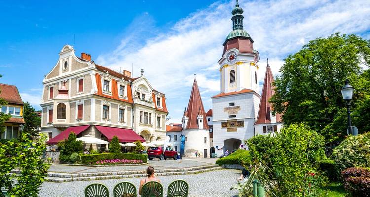 Picturesque square with historical buildings and church